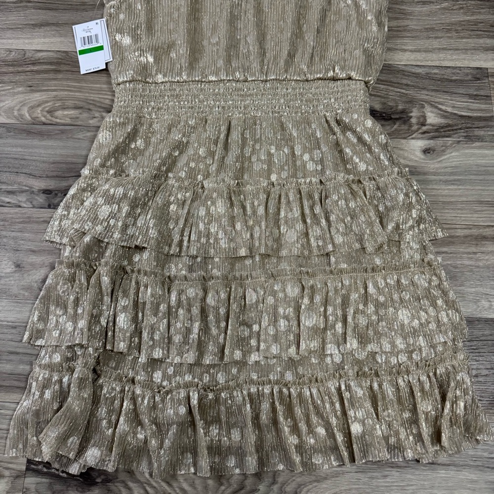 NWT 1.State Sparkle Smocked Tiered Sleeveless Mini Dress Gold Size Large - Picture 8 of 8